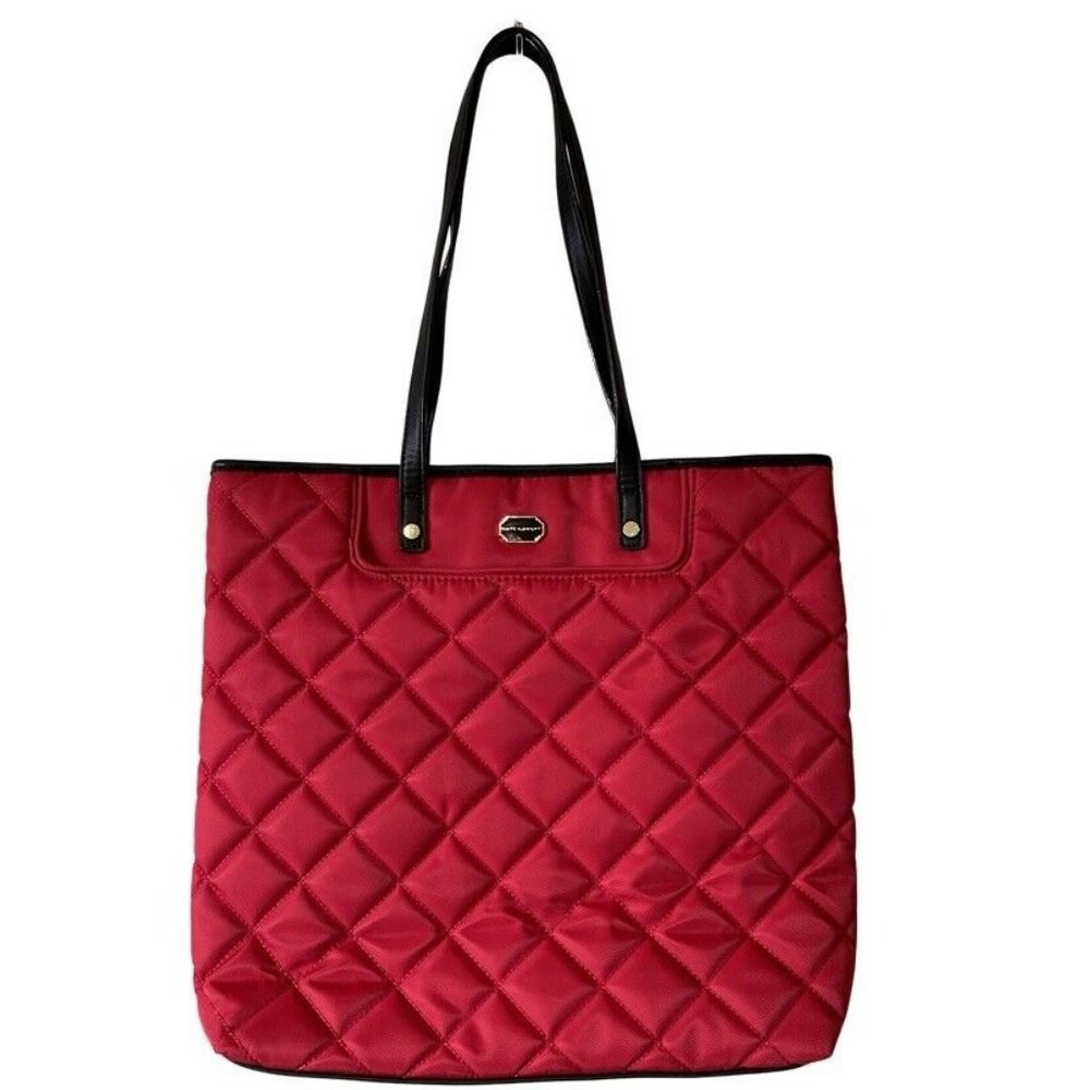 KATE LANDRY Red Nylon Faux Leather Trim  Quilt Pattern Handbag Shoulder Bag